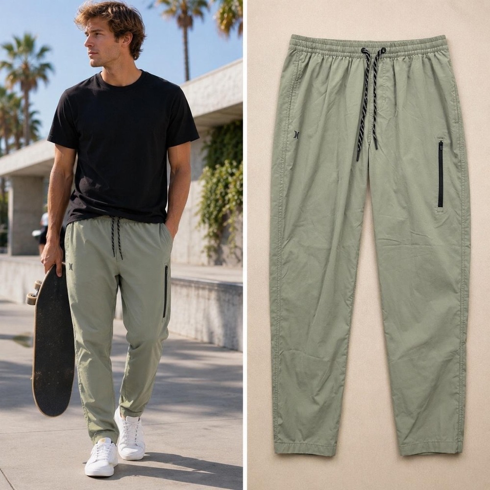 Hurley Men's Tapered Pants Est M 31x30 Olive Drawstring Zip Pocket Active Casual